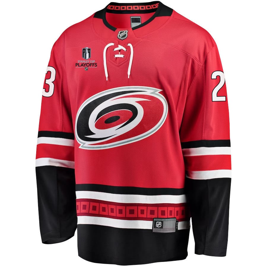Stefan Noesen 23 Carolina Hurricanes Stanley Cup 2023 Playoffs Patch Home Breakaway Red NHL Jersey Men's