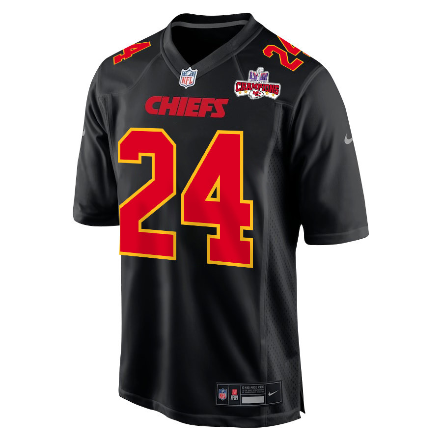 Skyy Moore 24 Kansas City Chiefs Super Bowl LVIII Champions 4 Stars Patch Fashion Game Carbon Black NFL Jersey Men's