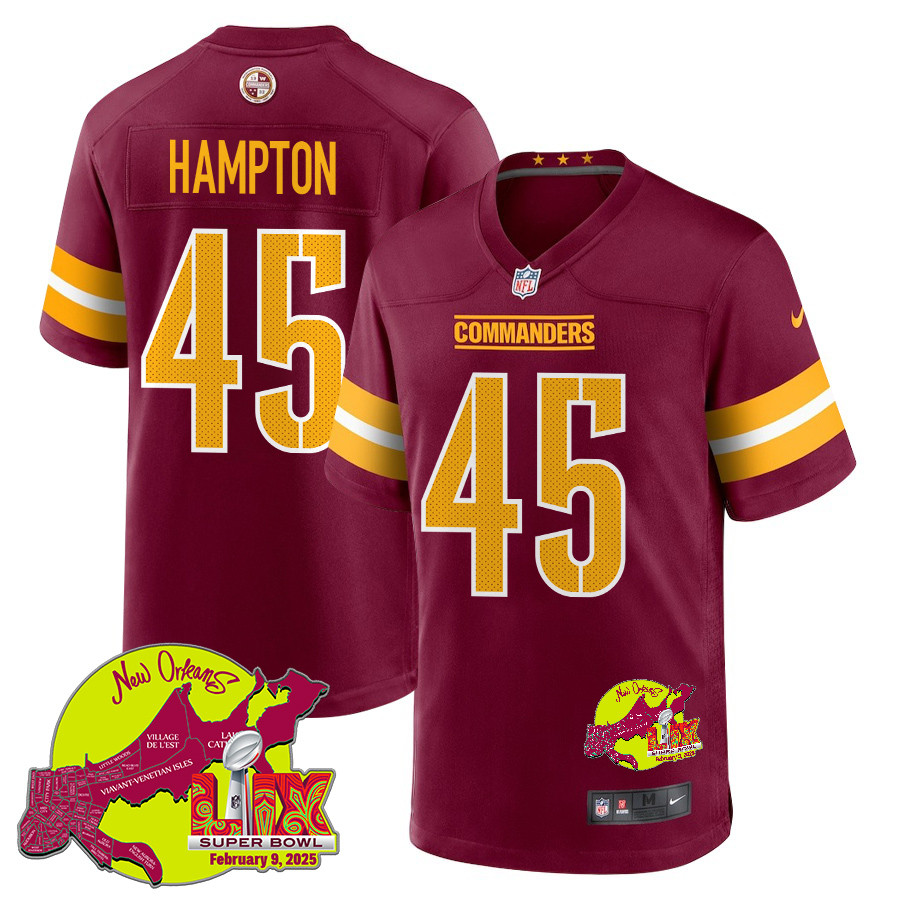 Dominique Hampton 45 Washington Commanders Super Bowl LIX New Orleans Patch Game Burgundy NFL Jersey Men's