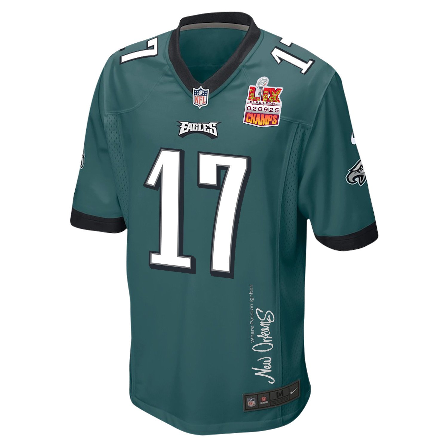 Nakobe Dean 17 Philadelphia Eagles Super Bowl LIX Champions Patch New Orleans Where Passion Ignites' EMBROIDERED Game Midnight Green NFL Jersey Men's