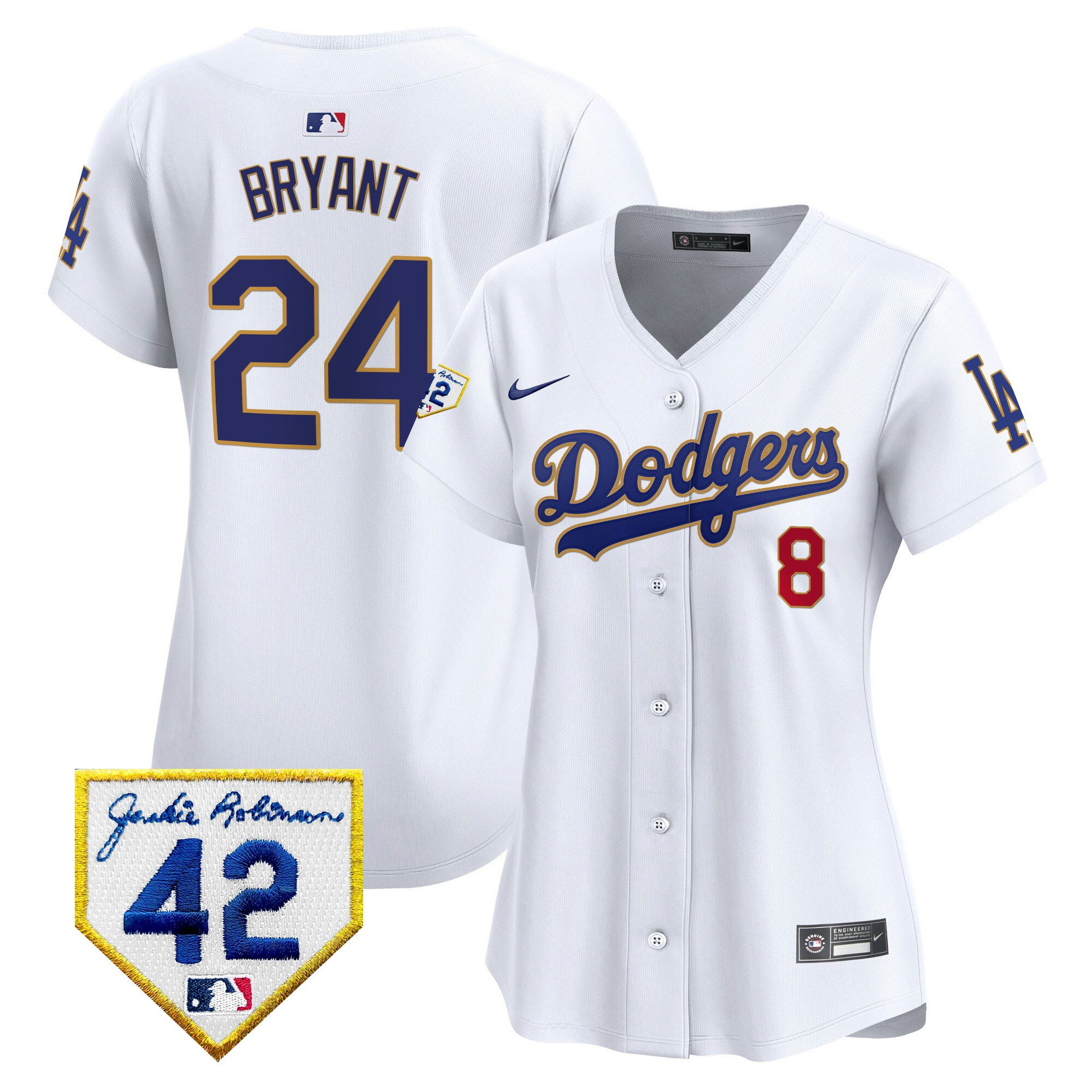 Kobe Bryant 24 Los Angeles Dodgers 2024 Jackie Robinson Patch White MLB Jersey Women's