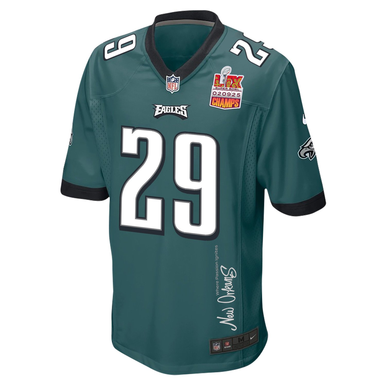Avonte Maddox 29 Philadelphia Eagles Super Bowl LIX Champions Patch New Orleans Where Passion Ignites' EMBROIDERED Game Midnight Green NFL Jersey Men's