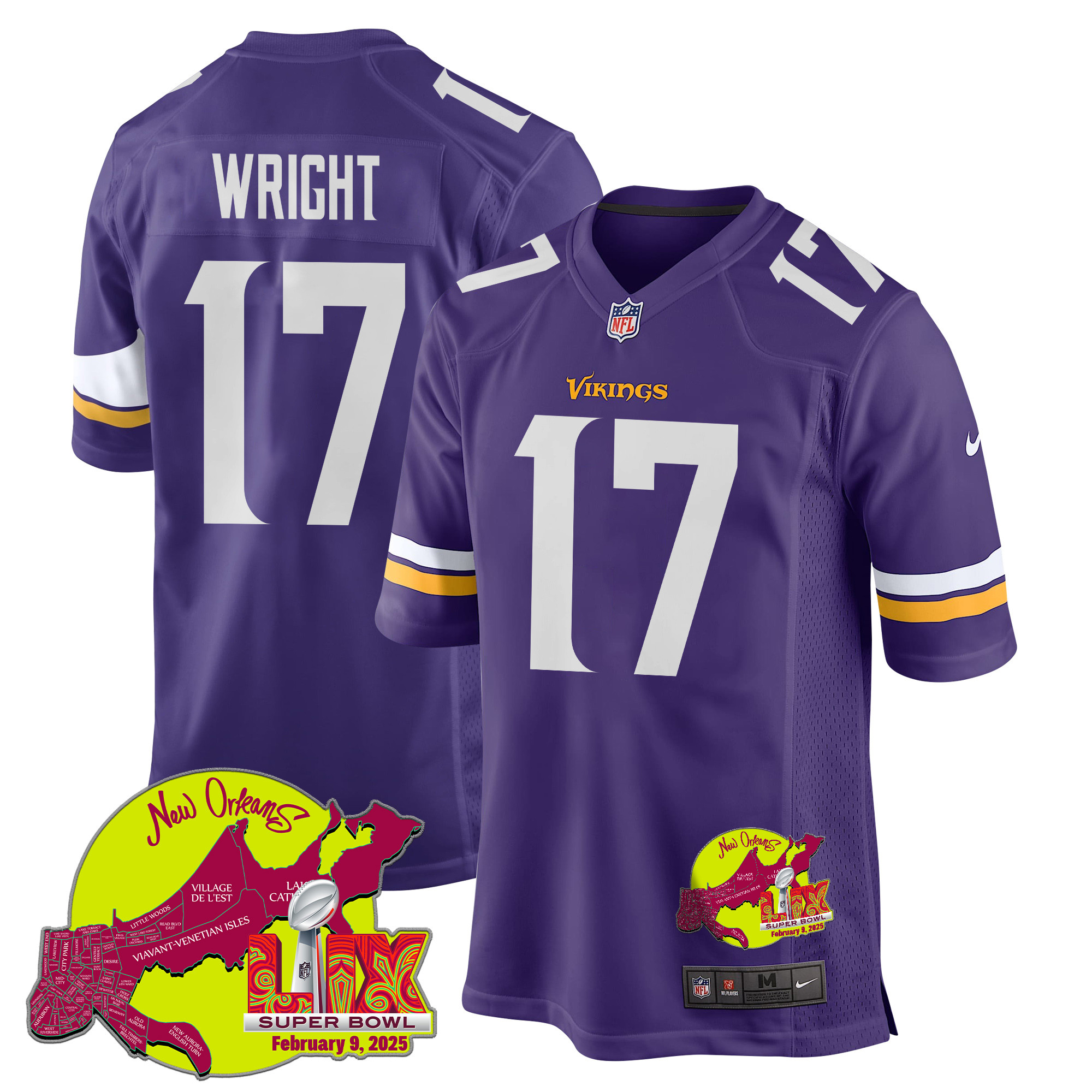 Ryan Wright 17 Minnesota Vikings Super Bowl LIX New Orleans Patch Game Purple NFL Jersey Men's