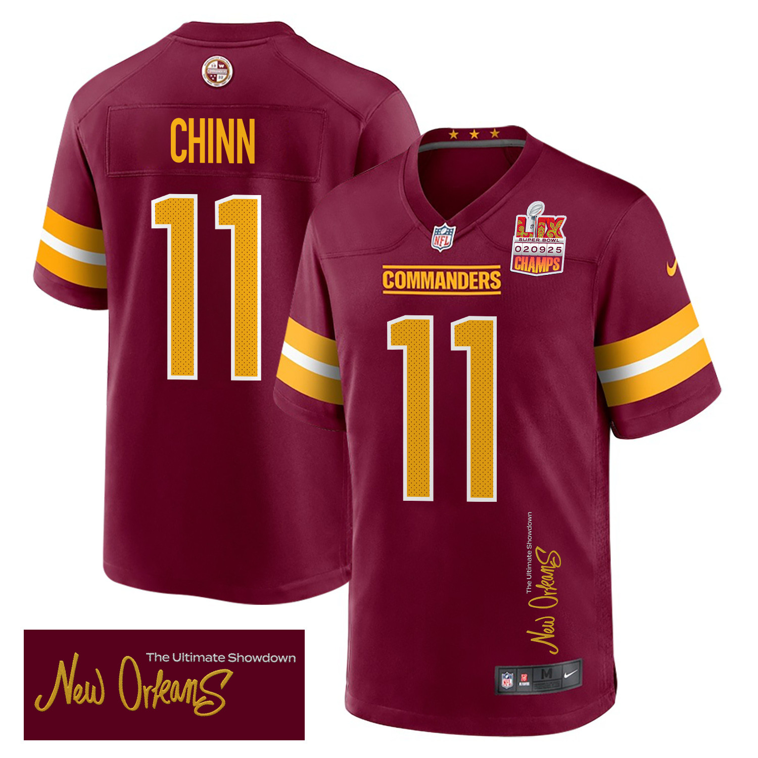 Jeremy Chinn 11 Washington Commanders Super Bowl LIX Champions Patch New Orleans The Ultimate Showdown' EMBROIDERED Game Burgundy NFL Jersey Men's