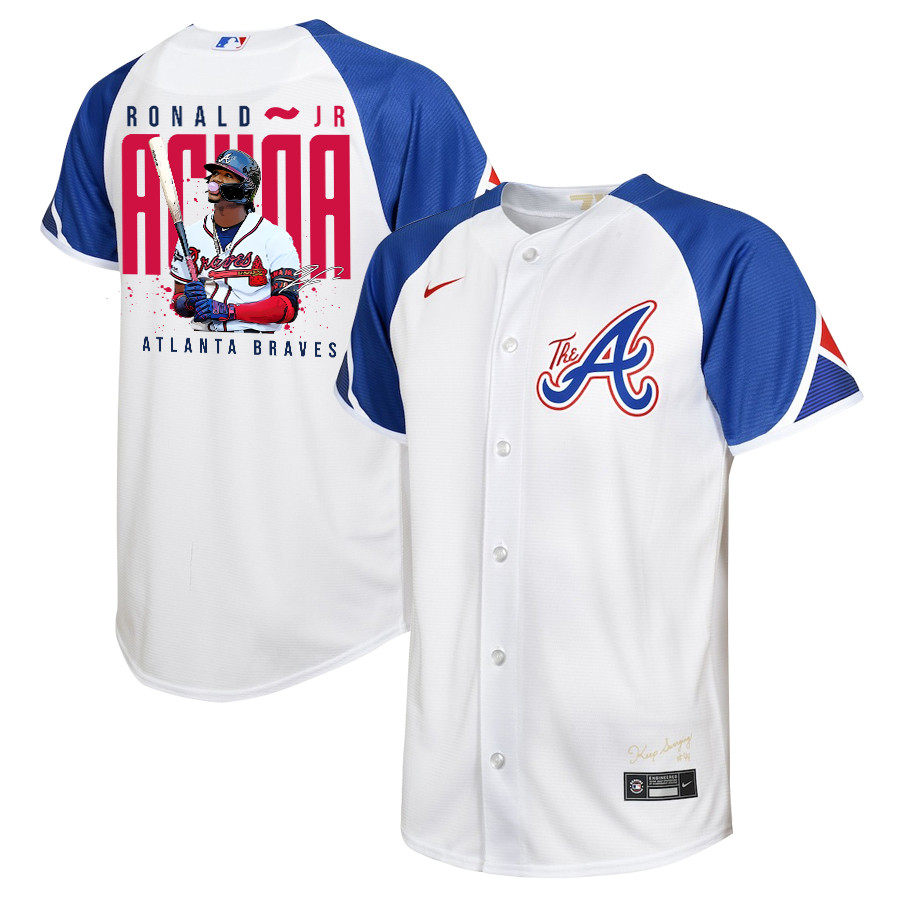 Ronald Acu?a Jr. 13 Atlanta Braves Signed Gum 2023 City Connect Player White Blue MLB Jersey Youth