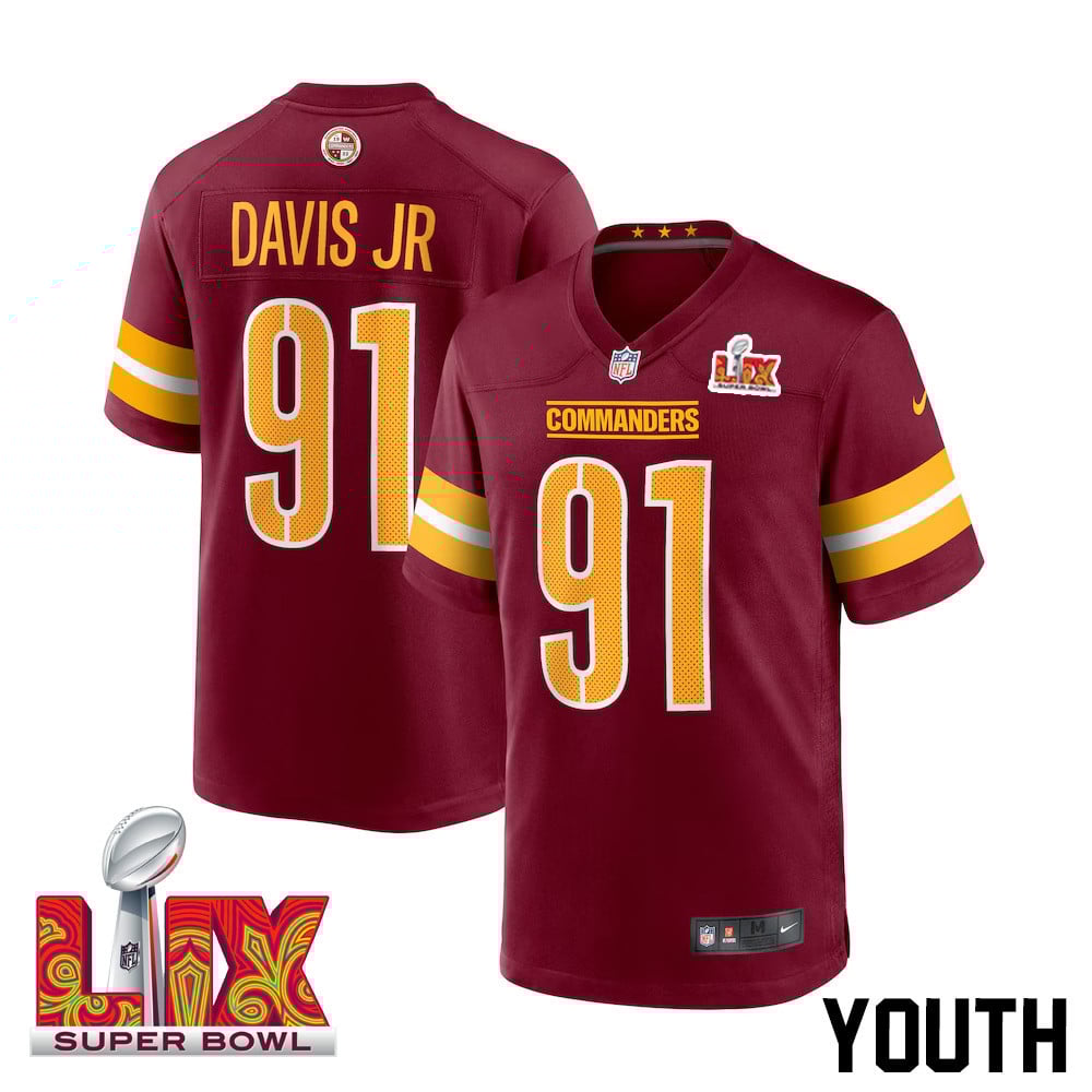 Carl Davis Jr. #91 Washington Commanders Super Bowl LIX Burgundy NFL Jersey Youth