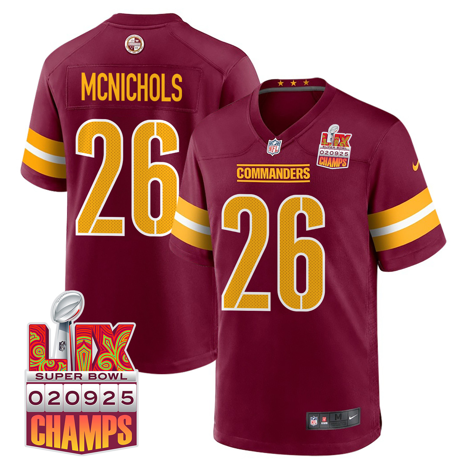 Jeremy McNichols 26 Washington Commanders Super Bowl LIX Champions Patch Game Burgundy NFL Jersey Men's