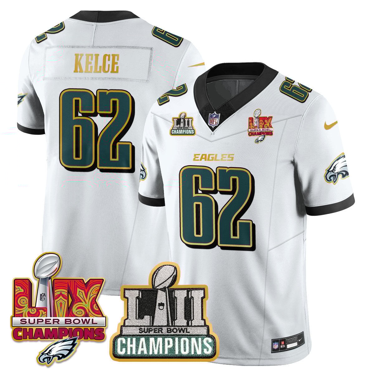 Jason Kelce 62 Philadelphia Eagles LII-LIX Super Bowl Champions Vapor Limited Gold White NFL Jersey Men's