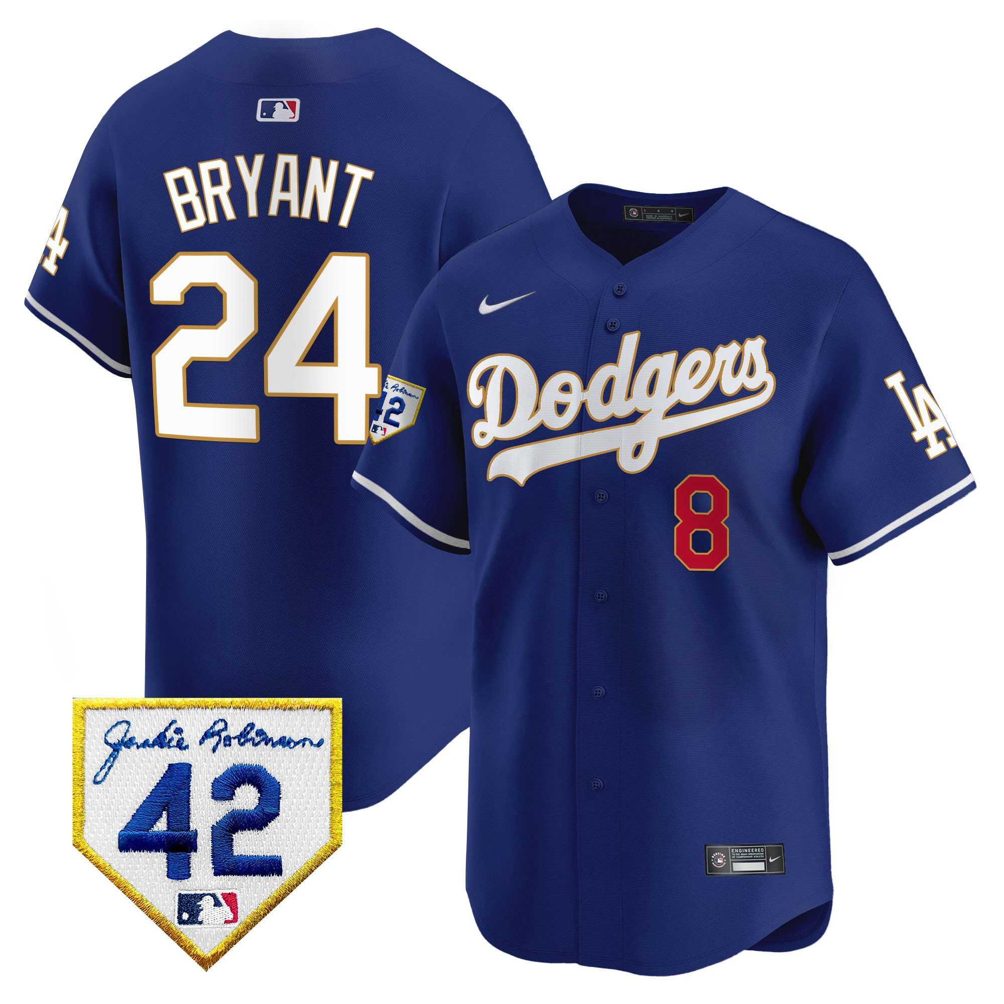 Kobe Bryant 24 Los Angeles Dodgers 2024 Jackie Robinson Patch Royal MLB Jersey Men's