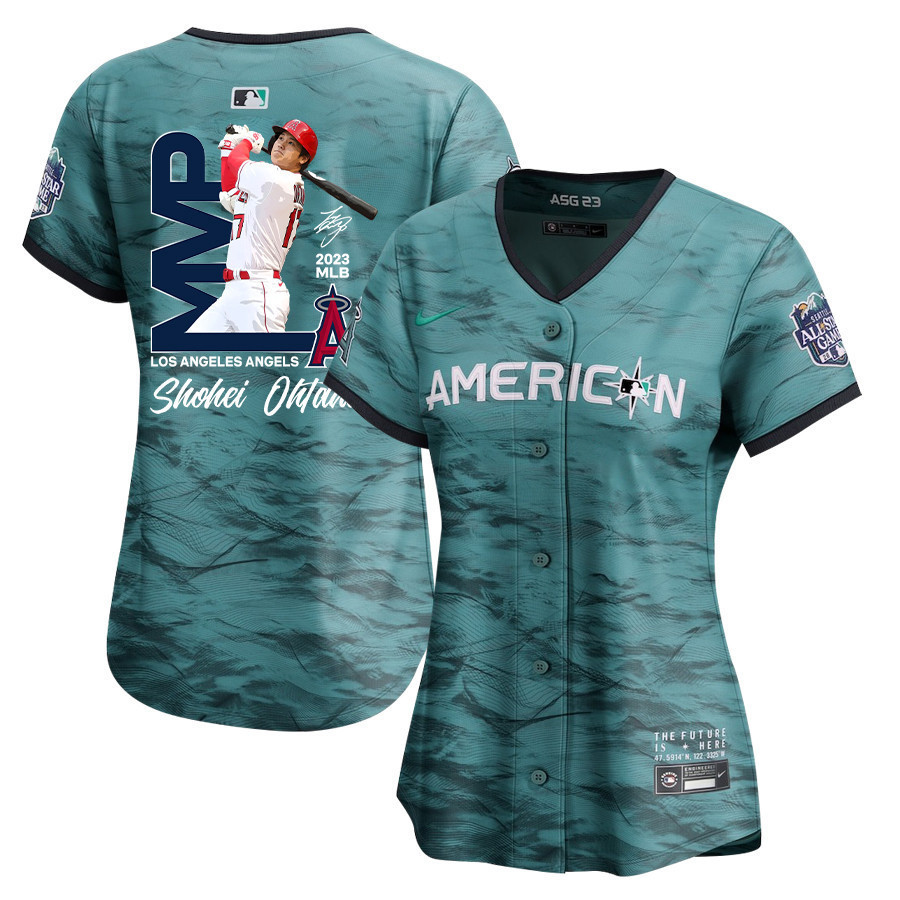 Shohei Ohtani 17 Los Angeles Angels Signed MVP 2023 All Star Game Limited Player Teal MLB Jersey Women's