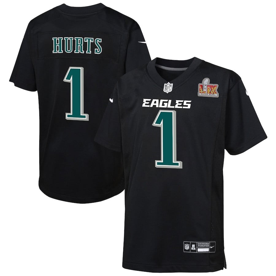 Jalen Hurts 1 Philadelphia Eagles Super Bowl LIX Patch Fashion Game Player Carbon Black NFL Jersey Youth