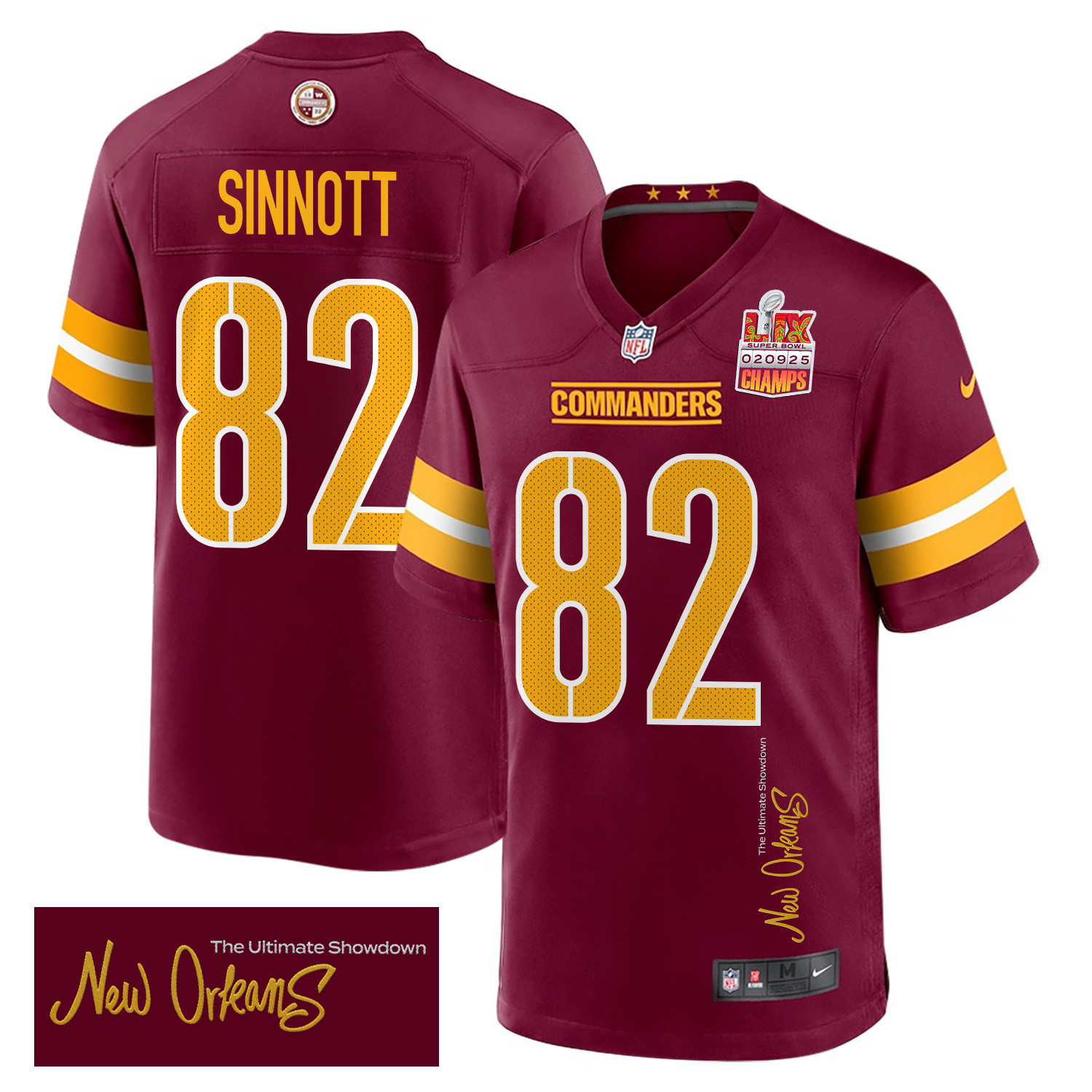Ben Sinnott 82 Washington Commanders Super Bowl LIX Champions Patch New Orleans The Ultimate Showdown' EMBROIDERED Game Burgundy NFL Jersey Men's