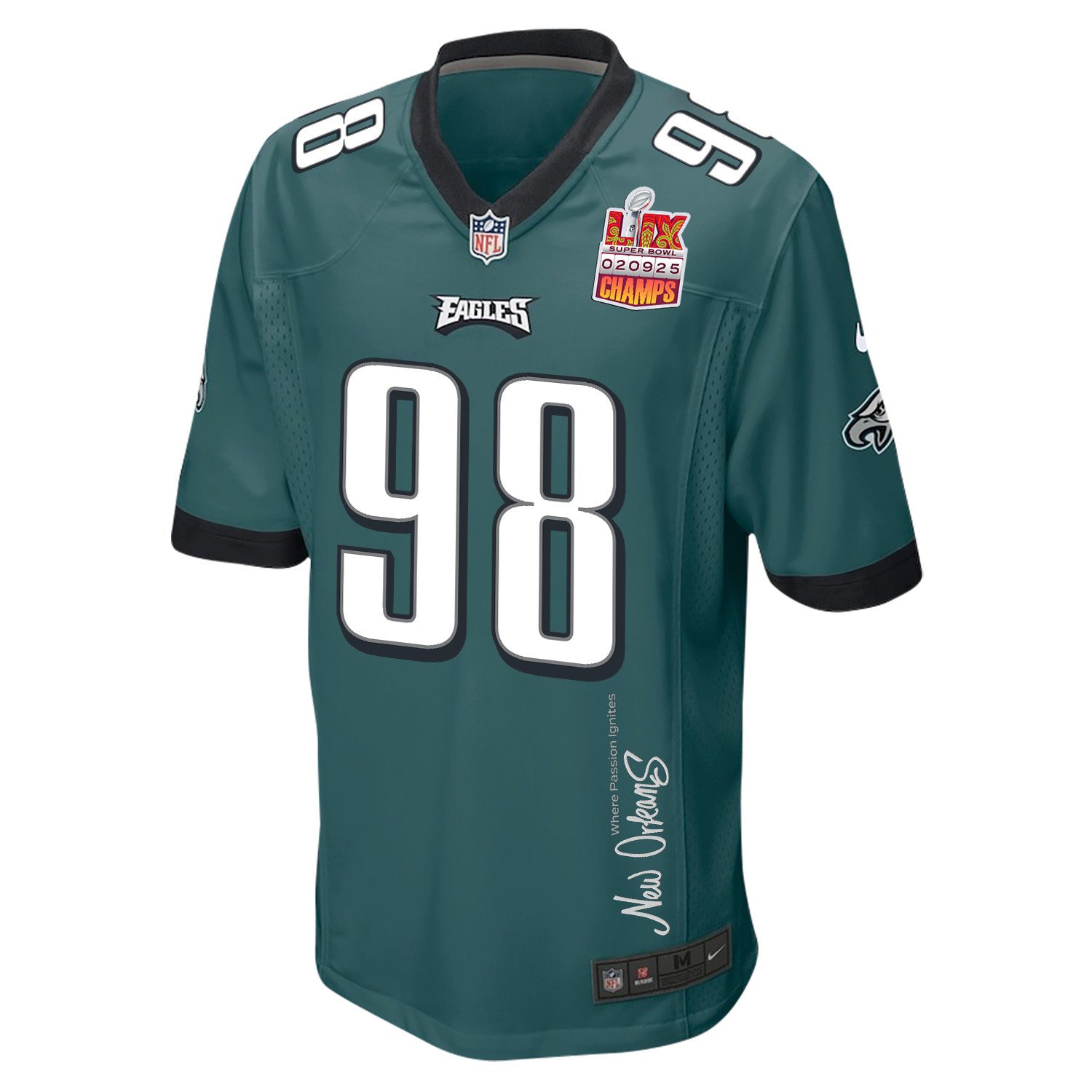 Jalen Carter 98 Philadelphia Eagles Super Bowl LIX Champions Patch New Orleans Where Passion Ignites' EMBROIDERED Game Midnight Green NFL Jersey Men's