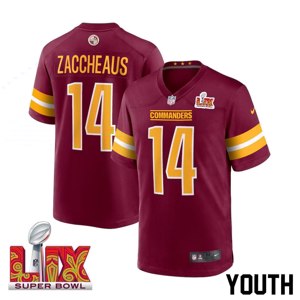 Olamide Zaccheaus #14 Washington Commanders Super Bowl LIX Burgundy NFL Jersey Youth