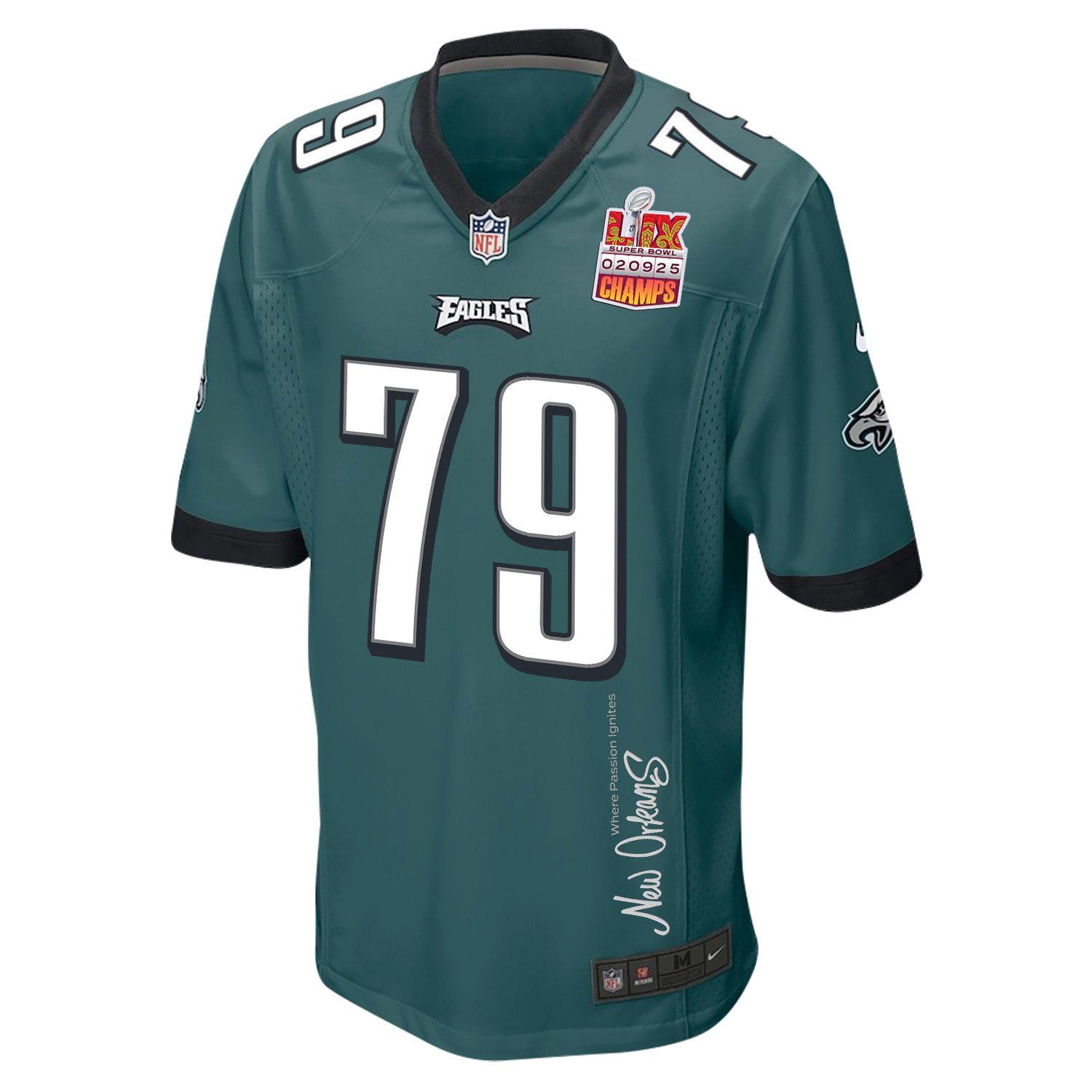 Trevor Keegan 79 Philadelphia Eagles Super Bowl LIX Champions Patch New Orleans Where Passion Ignites' EMBROIDERED Game Midnight Green NFL Jersey Men's