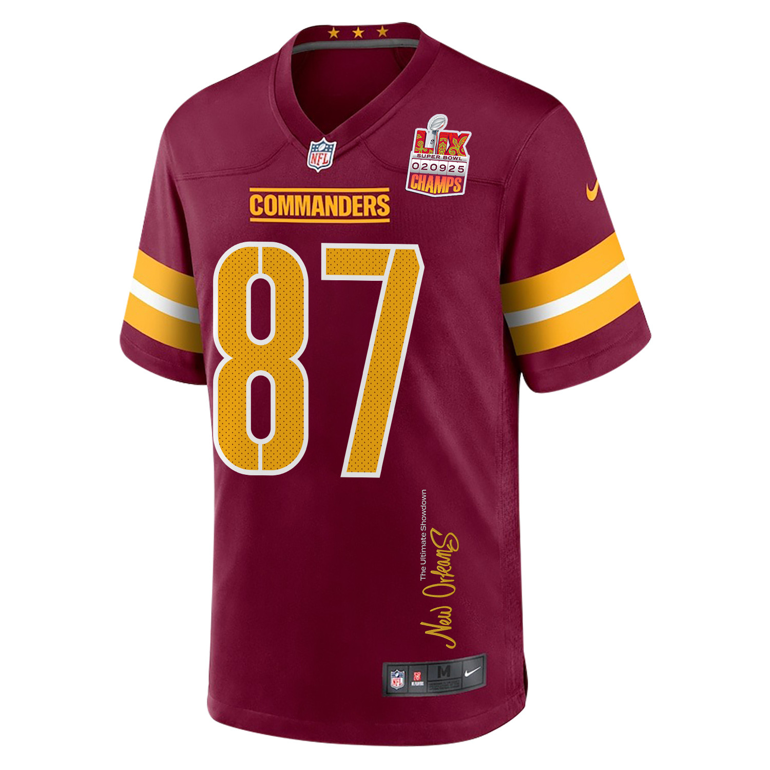 John Bates 87 Washington Commanders Super Bowl LIX Champions Patch New Orleans The Ultimate Showdown' EMBROIDERED Game Burgundy NFL Jersey Men's