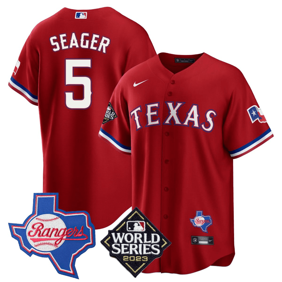 Corey Seager 5 Texas Rangers 2023 World Series Texas State Patch Red MLB Jersey Men's