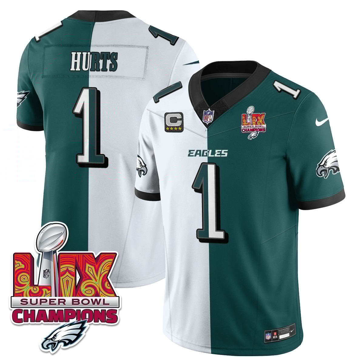 Jalen Hurts 1 Philadelphia Eagles Super Bowl LIX Champions Gold Vapor Limited Split NFL Jersey Men's