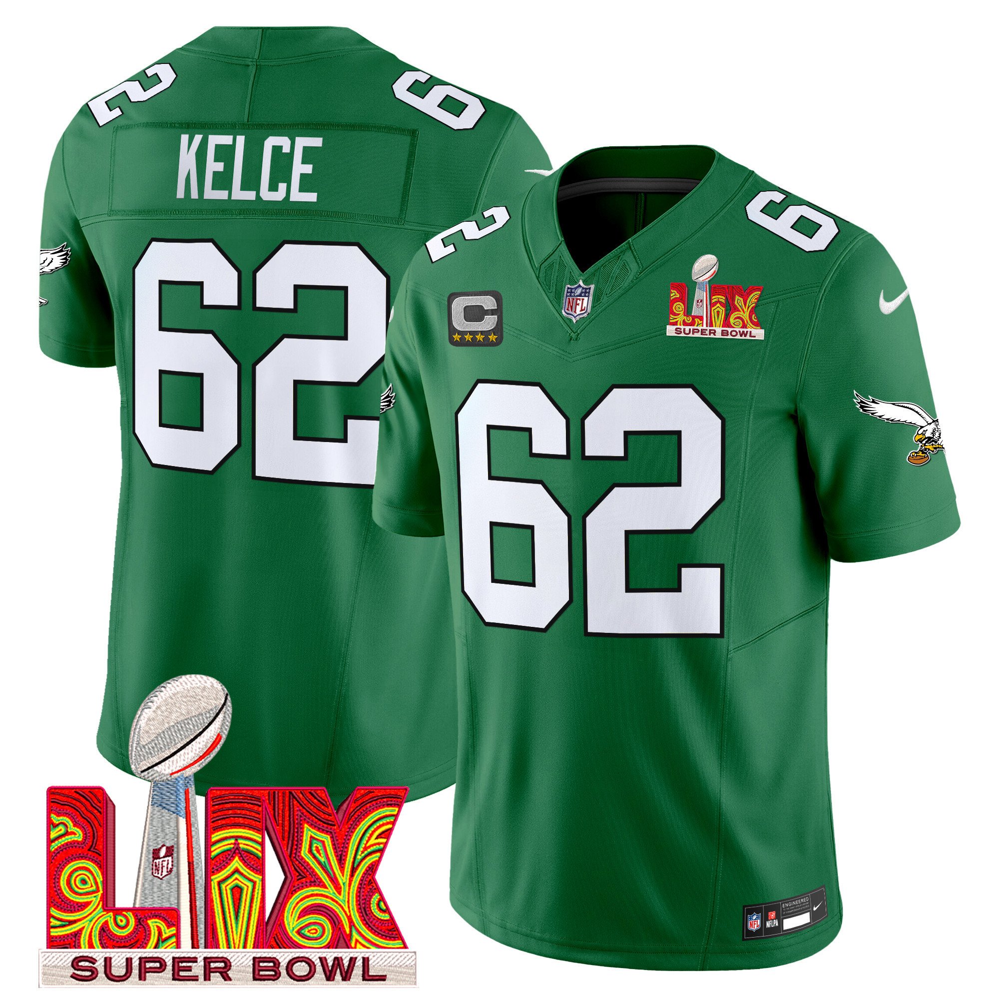 Jason Kelce 62 Philadelphia Eagles Kelly Green Super Bowl Champions LIX Patch Vapor Limited Kelly Green NFL Jersey Men's
