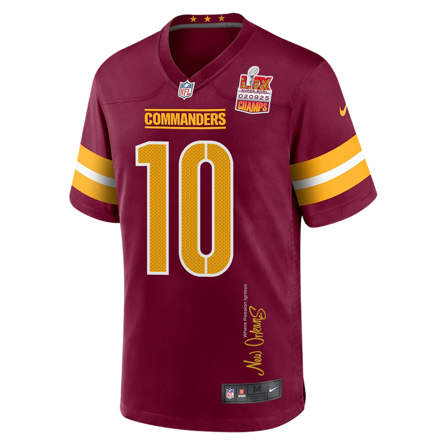 Tress Way 10 Washington Commanders Super Bowl LIX Champions Patch New Orleans Where Passion Ignites' EMBROIDERED Game Burgundy NFL Jersey Men's
