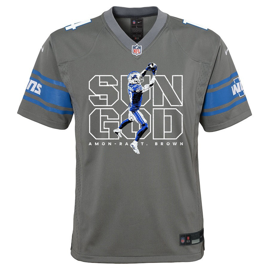 Amon-Ra St. Brown 14 Detroit Lions Sun God Game Silver NFL Jersey Youth