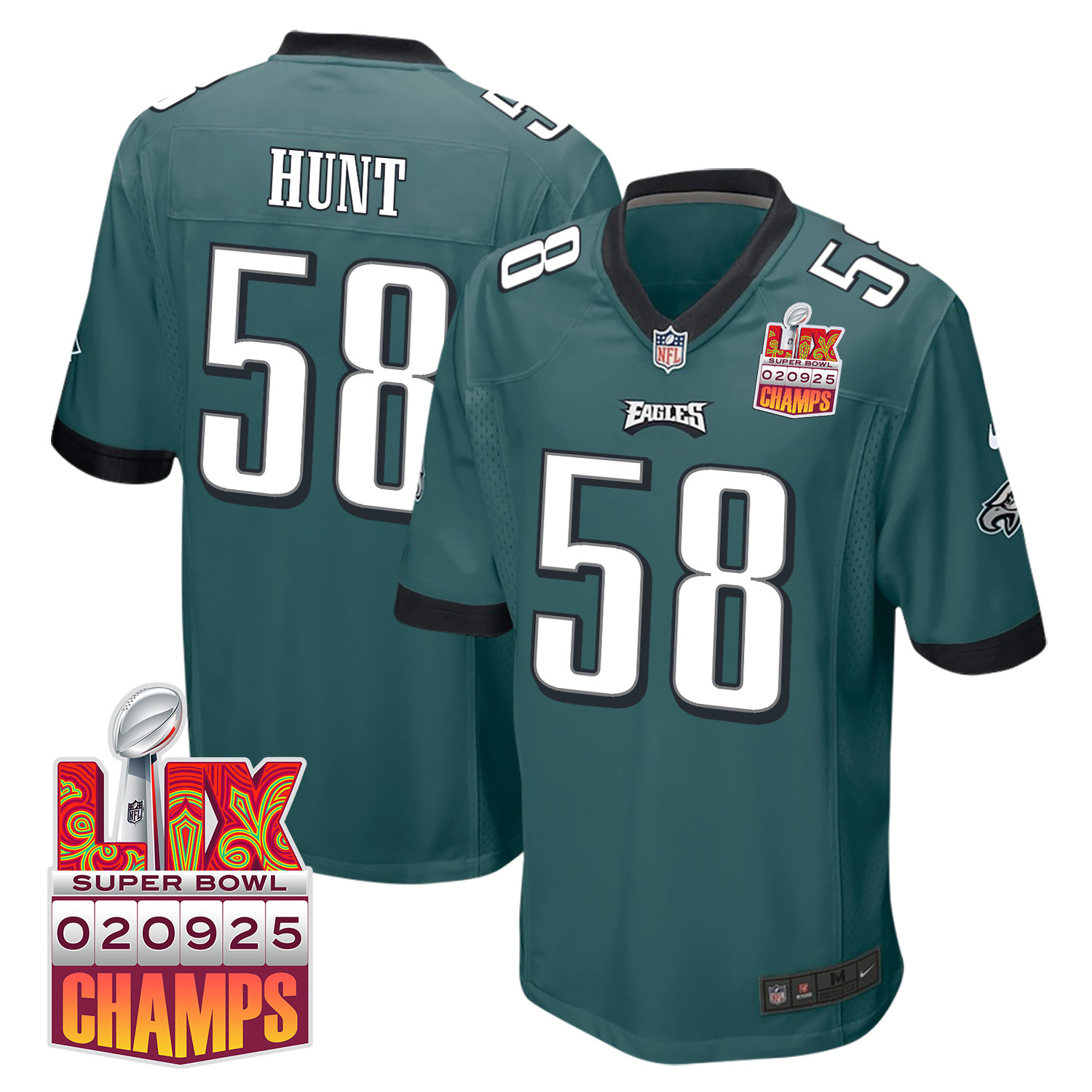 Jalyx Hunt 58 Philadelphia Eagles Super Bowl LIX Champions Patch Game Midnight Green NFL Jersey Men's