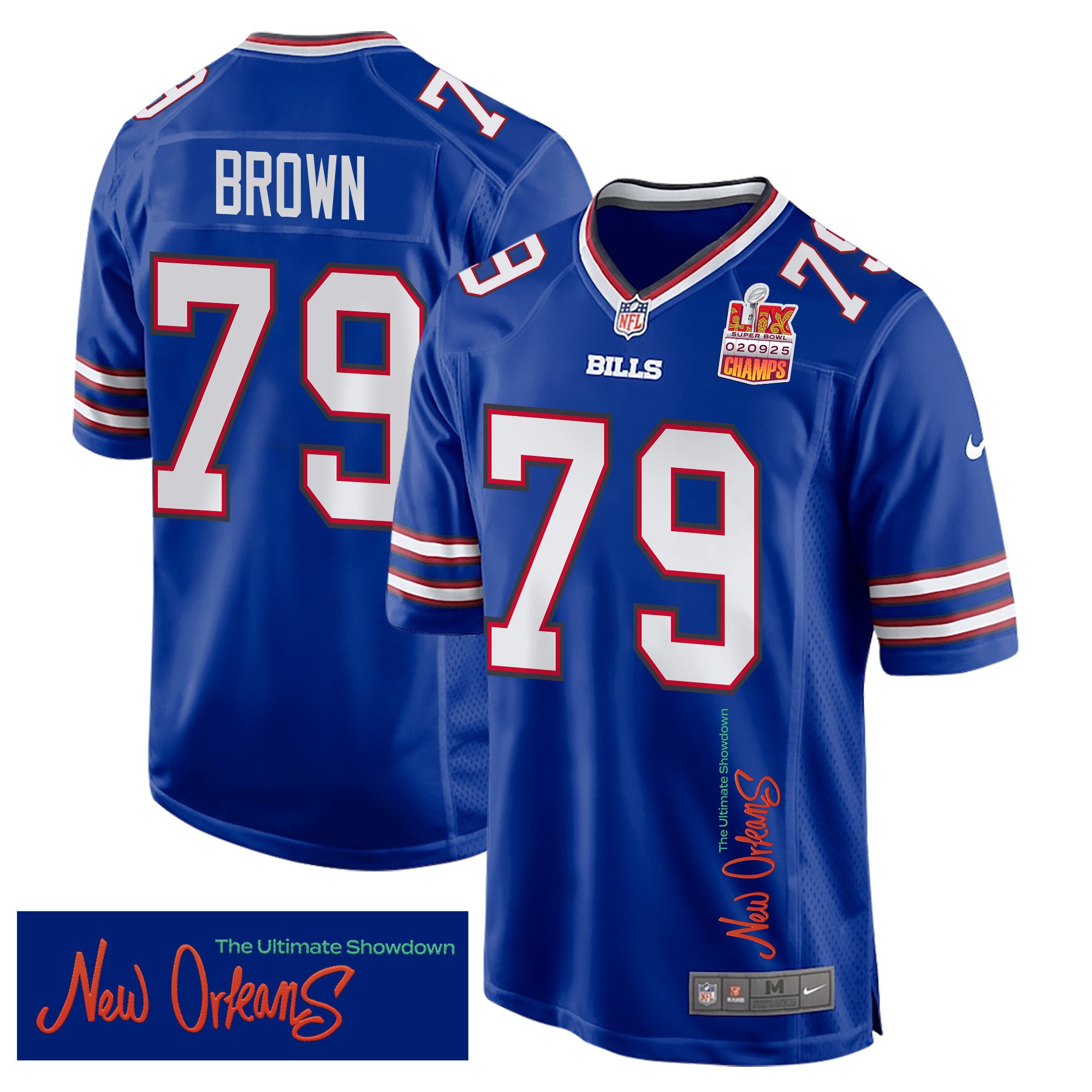 Spencer Brown 79 Buffalo Bills Super Bowl LIX Champions Patch New Orleans The Ultimate Showdown' EMBROIDERED Game Royal NFL Jersey Men's