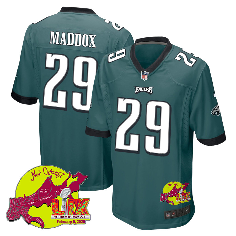 Avonte Maddox 29 Philadelphia Eagles Super Bowl LIX New Orleans Patch Game Midnight Green NFL Jersey Men's