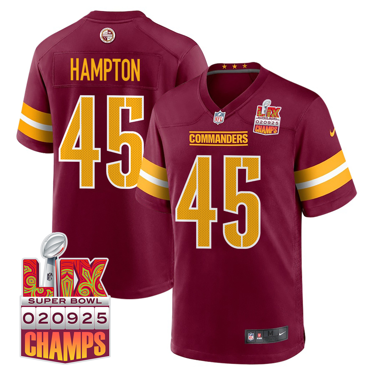 Dominique Hampton 45 Washington Commanders Super Bowl LIX Champions Patch Game Burgundy NFL Jersey Men's