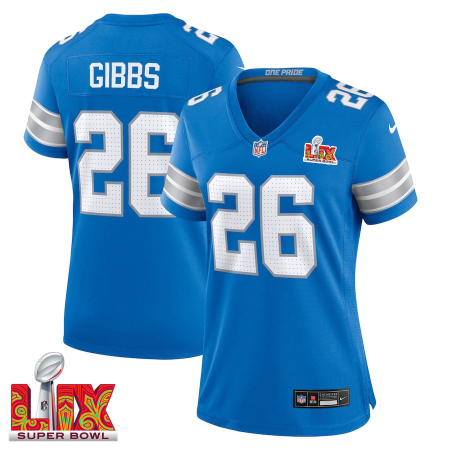 Jahmyr Gibbs #26 Detroit Lions Super Bowl LIX Blue NFL Jersey Women's