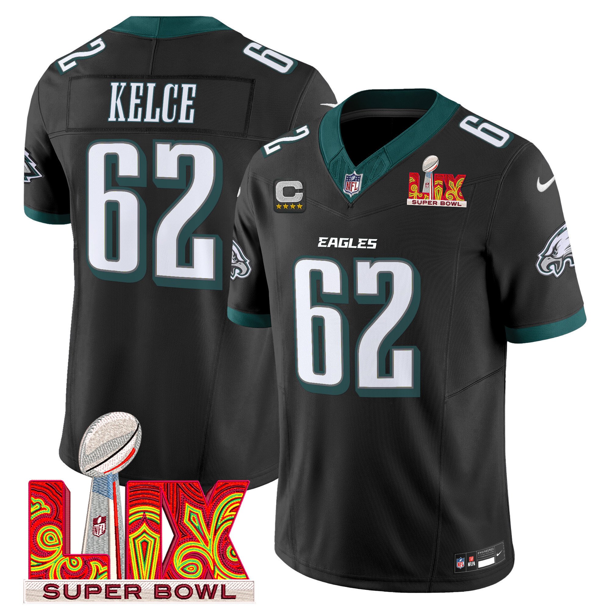 Jason Kelce 62 Philadelphia Eagles Super Bowl Champions LIX Patch Vapor Limited Black NFL Jersey Men's