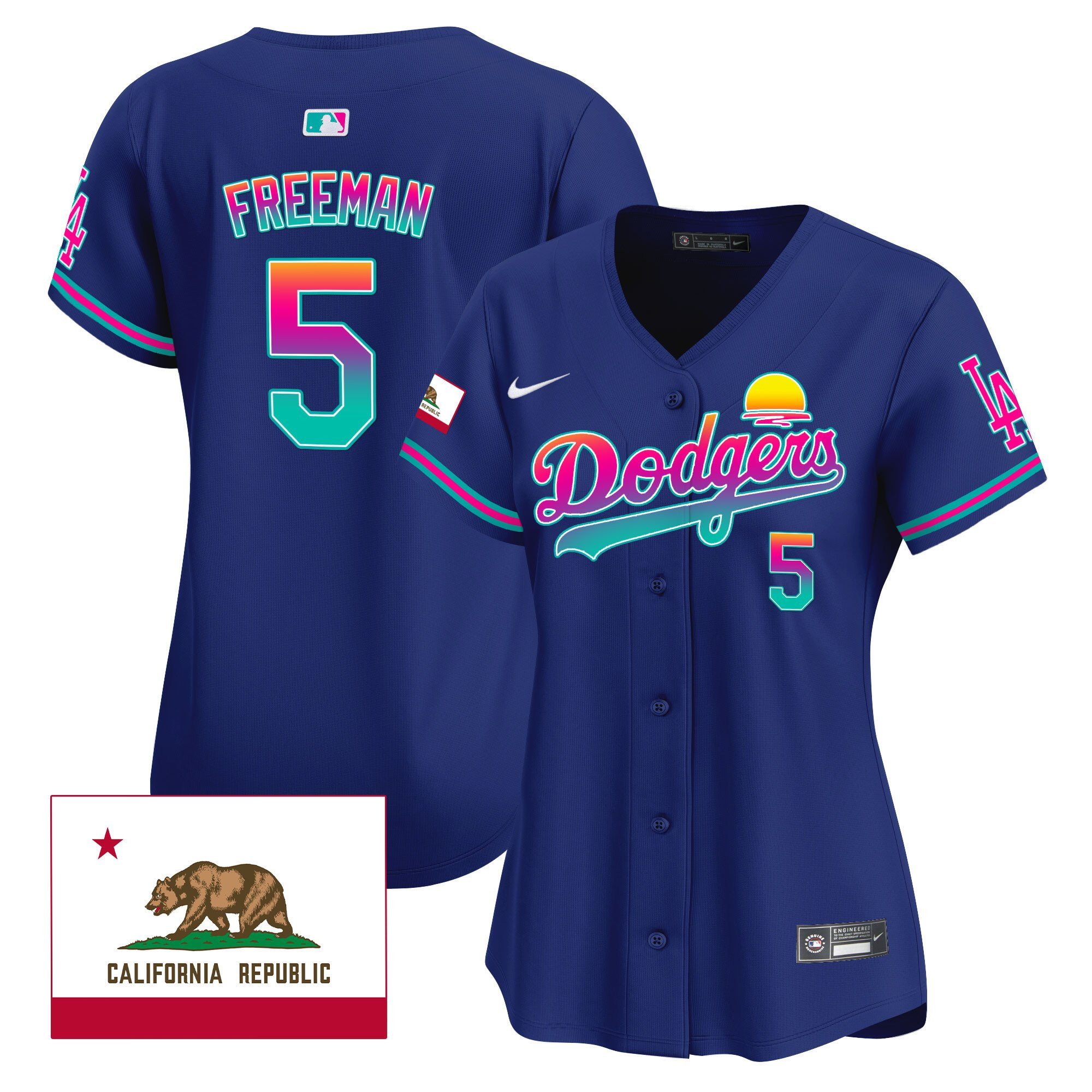 Freddie Freeman 5 Los Angeles Dodgers 2024 Los Angeles City Style California Republic Patch Royal MLB Jersey Women's