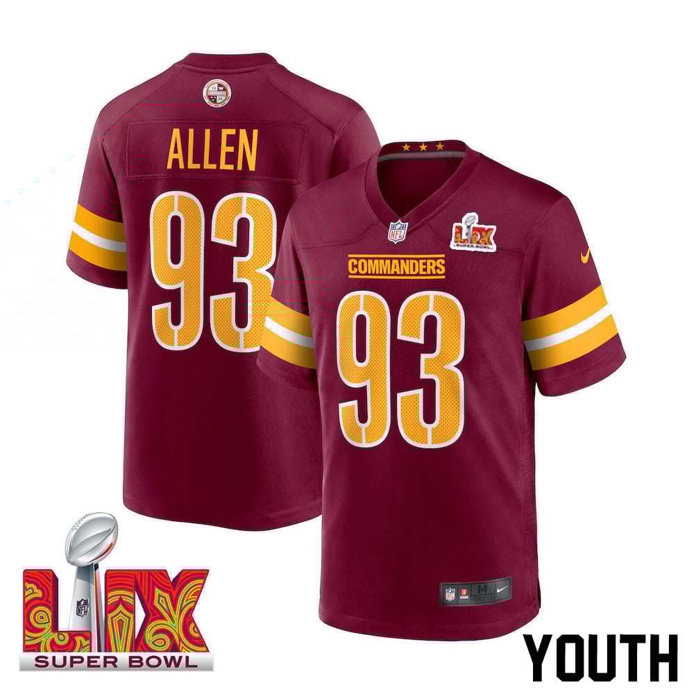 Jonathan Allen #93 Washington Commanders Super Bowl LIX Burgundy NFL Jersey Youth