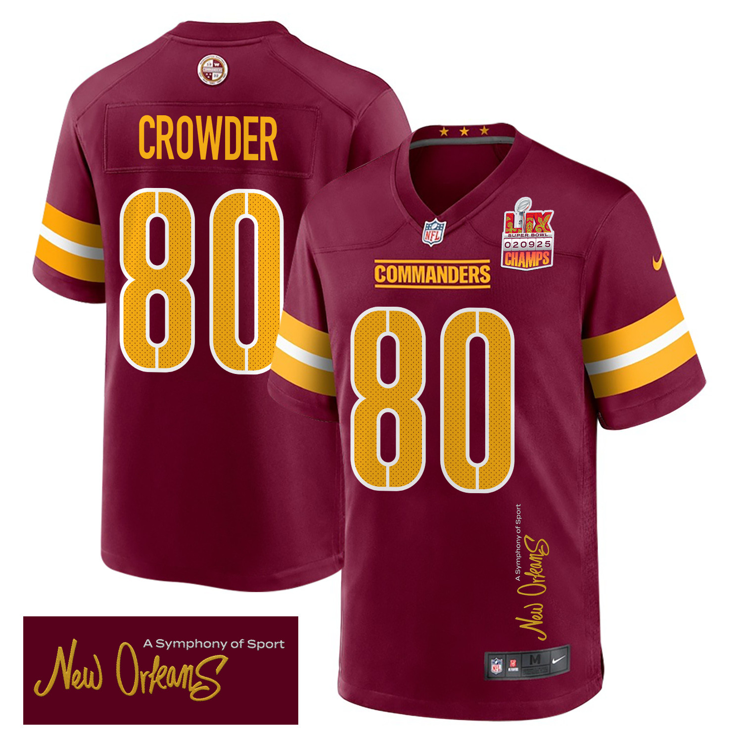 Jamison Crowder 80 Washington Commanders Super Bowl LIX Champions Patch New Orleans A Symphony of Sport' EMBROIDERED Game Burgundy NFL Jersey Men's