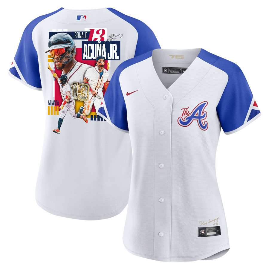 Ronald Acu?a Jr. 13 Atlanta Braves Signed MVP 2023 City Connect Player White Blue MLB Jersey Women's