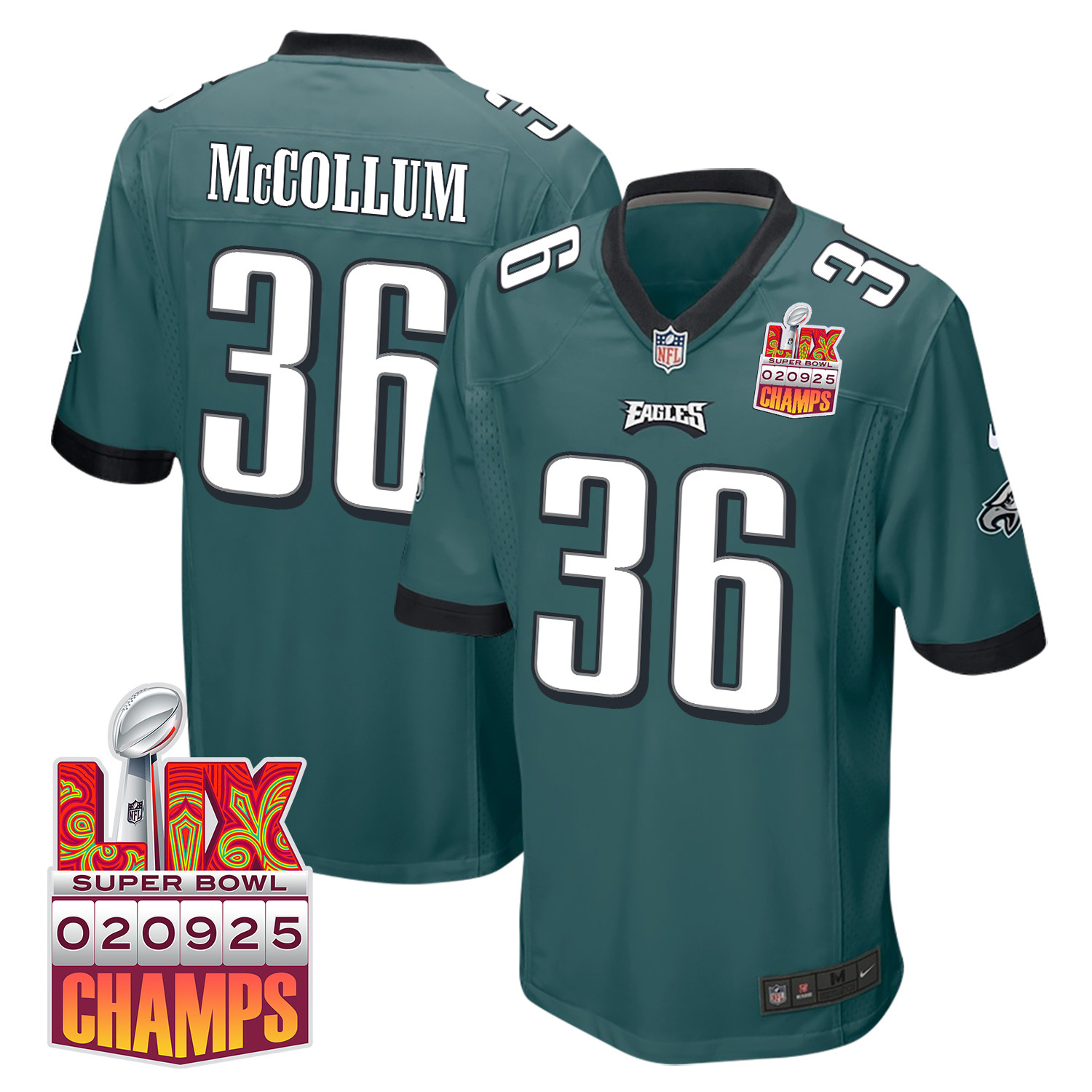 Tristin McCollum 36 Philadelphia Eagles Super Bowl LIX Champions Patch Game Midnight Green NFL Jersey Men's
