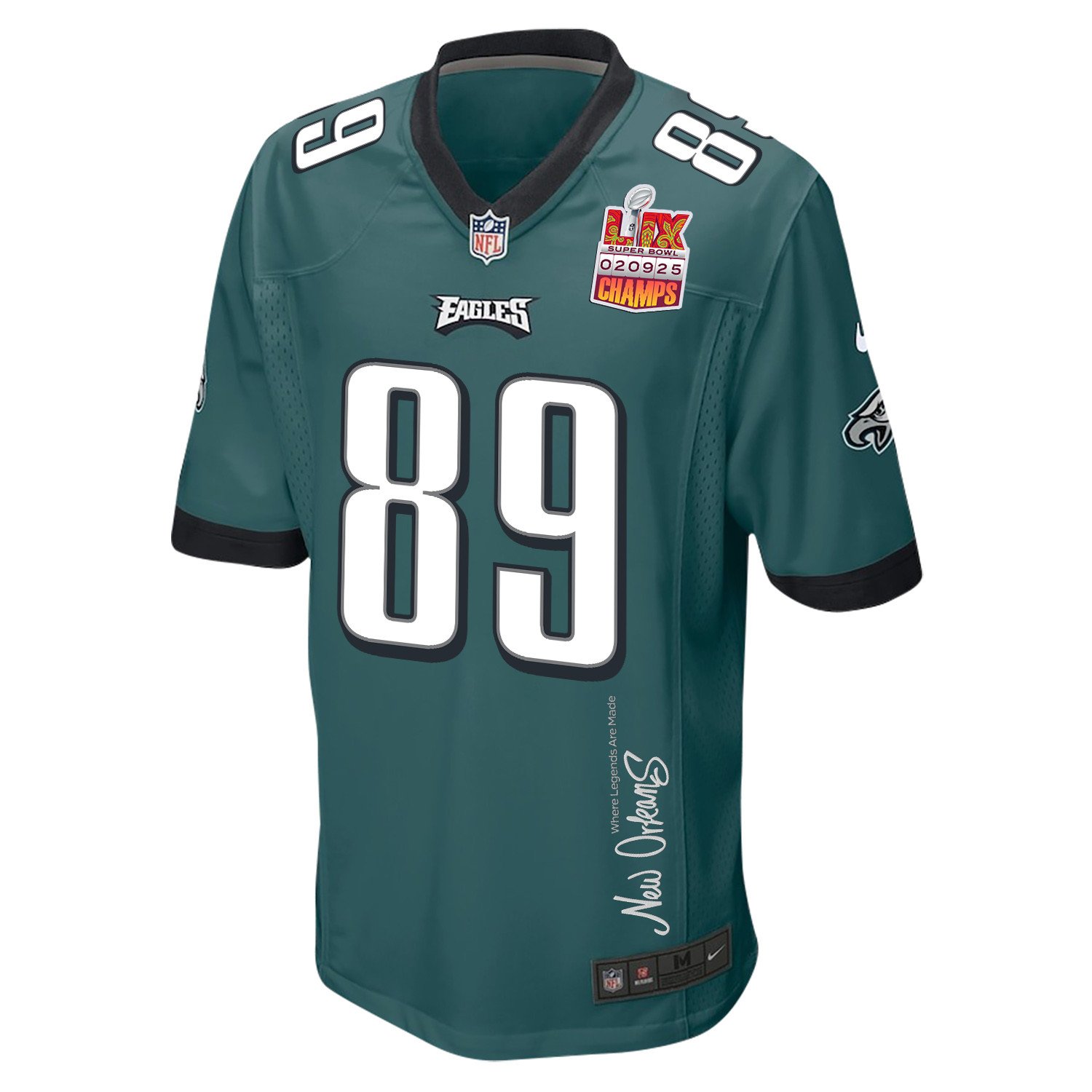 Johnny Wilson 89 Philadelphia Eagles Super Bowl LIX Champions Patch New Orleans Where Legends Are Made' EMBROIDERED Game Midnight Green NFL Jersey Men's