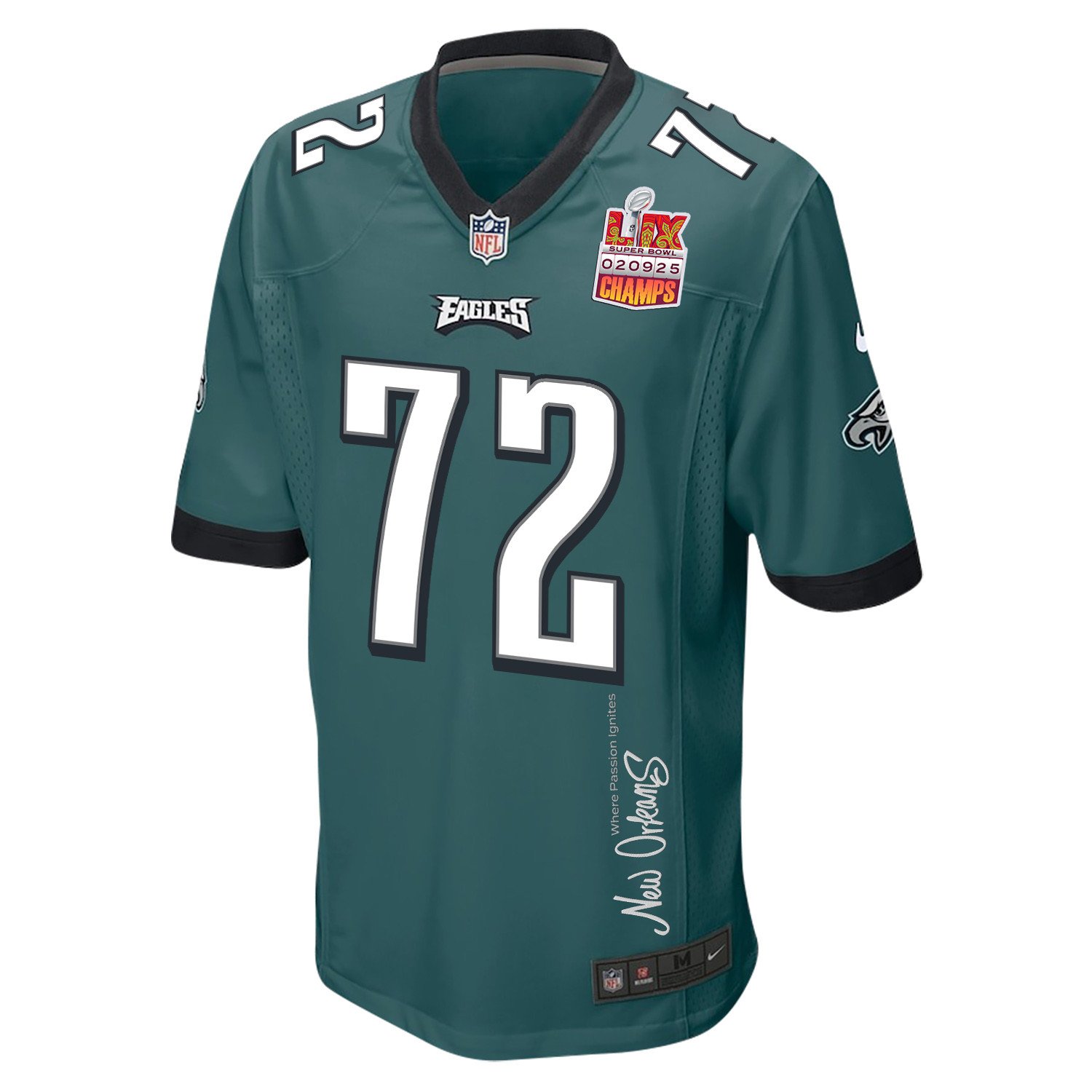 Darian Kinnard 72 Philadelphia Eagles Super Bowl LIX Champions Patch New Orleans Where Passion Ignites' EMBROIDERED Game Midnight Green NFL Jersey Men's