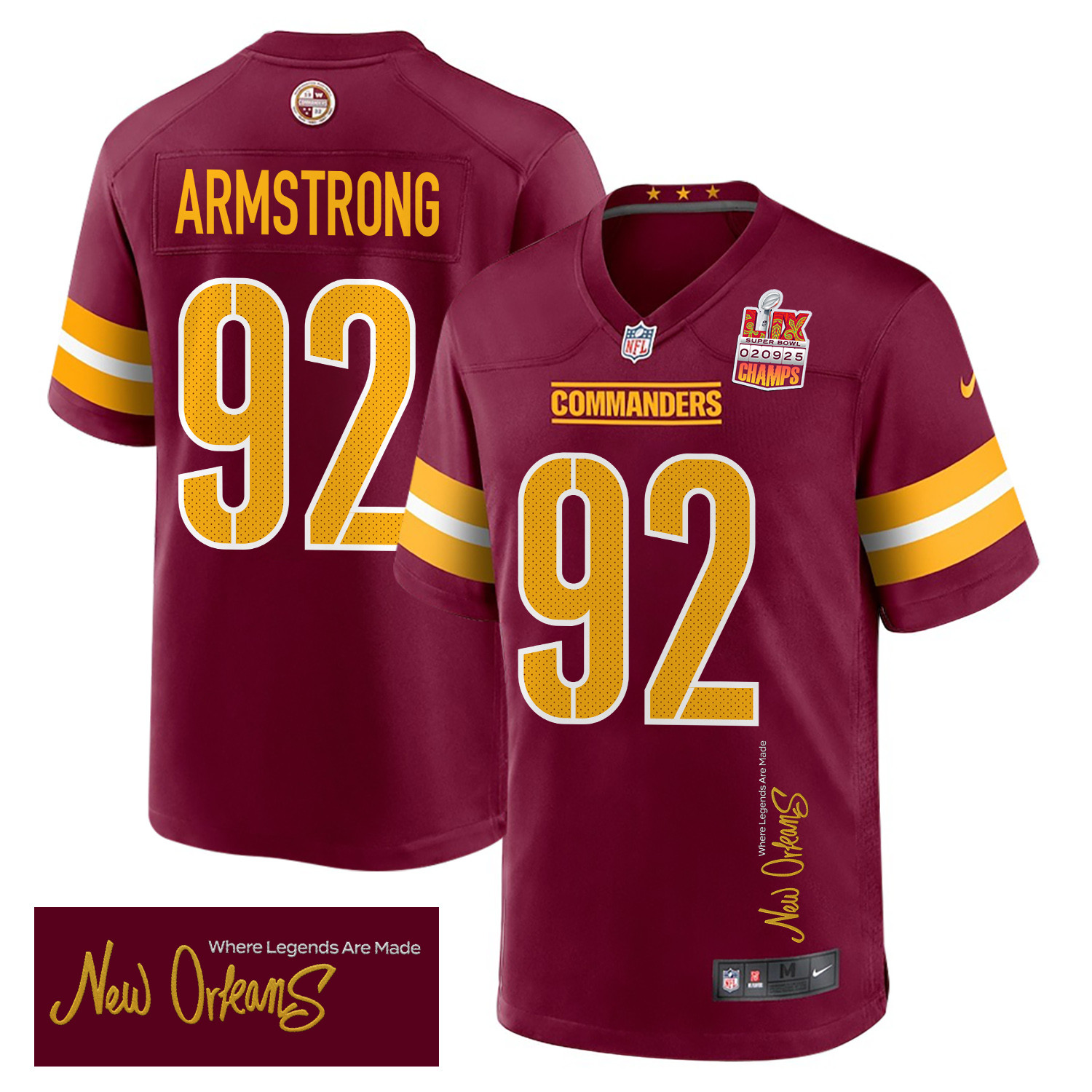 Dorance Armstrong 92 Washington Commanders Super Bowl LIX Champions Patch New Orleans Where Legends Are Made' EMBROIDERED Game Burgundy NFL Jersey Men's