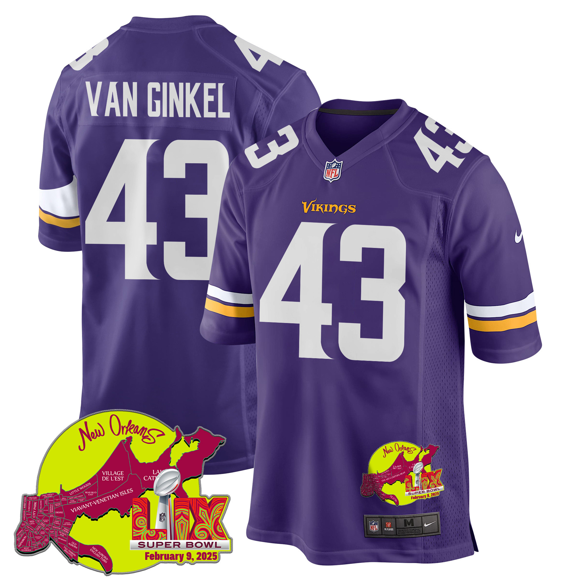 Andrew Van Ginkel 43 Minnesota Vikings Super Bowl LIX New Orleans Patch Game Purple NFL Jersey Men's
