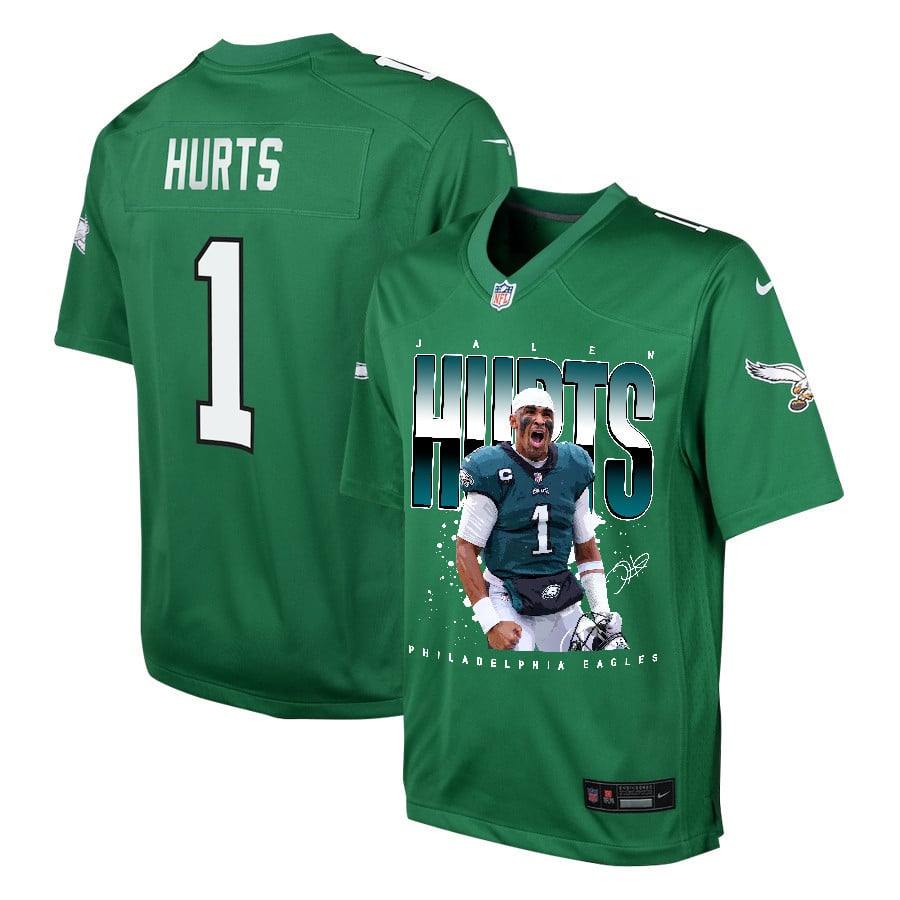 Jalen Hurts 1 Philadelphia Eagles Victory Game Kelly Green NFL Jersey Youth