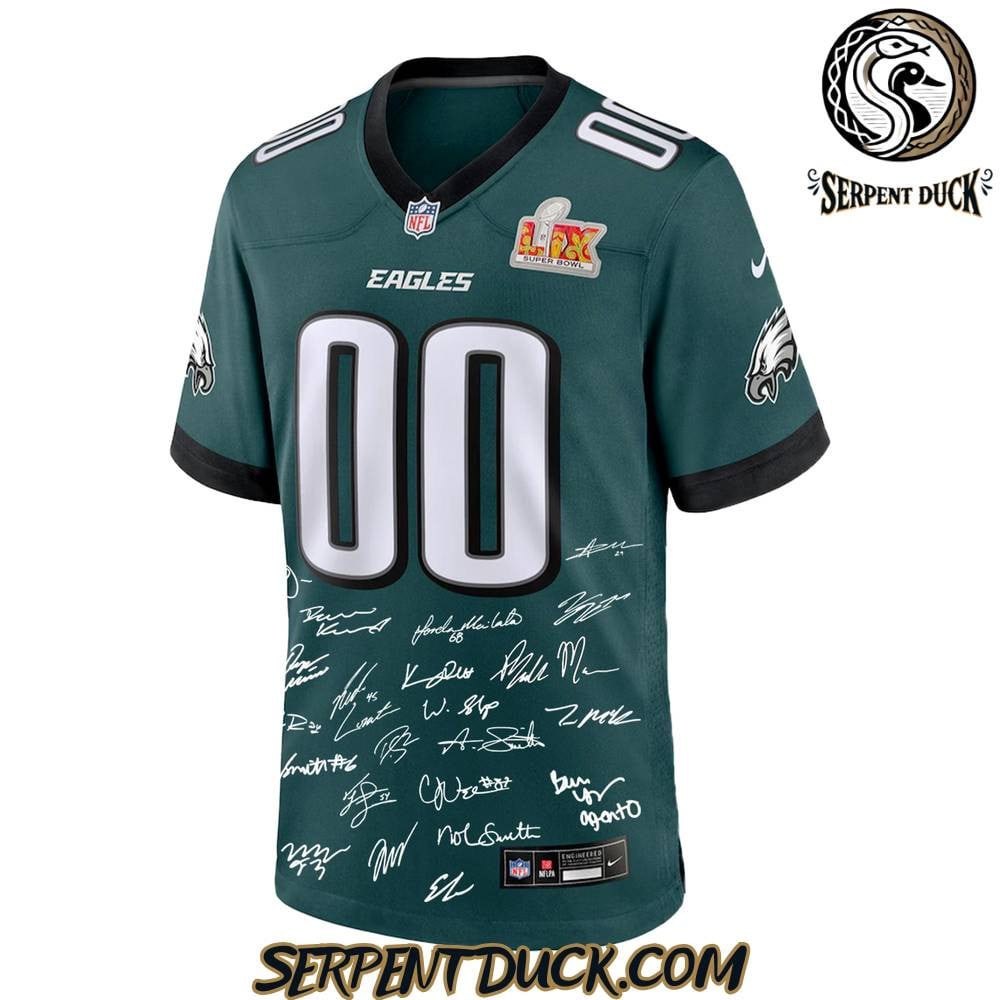 Philadelphia Eagles Champions Super Bowl LIX 2025 Signature All Team Custom Game Midnight Green NFL Jersey Men's