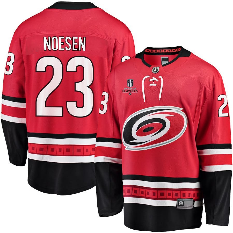 Stefan Noesen 23 Carolina Hurricanes Stanley Cup 2023 Playoffs Patch Home Breakaway Red NHL Jersey Men's