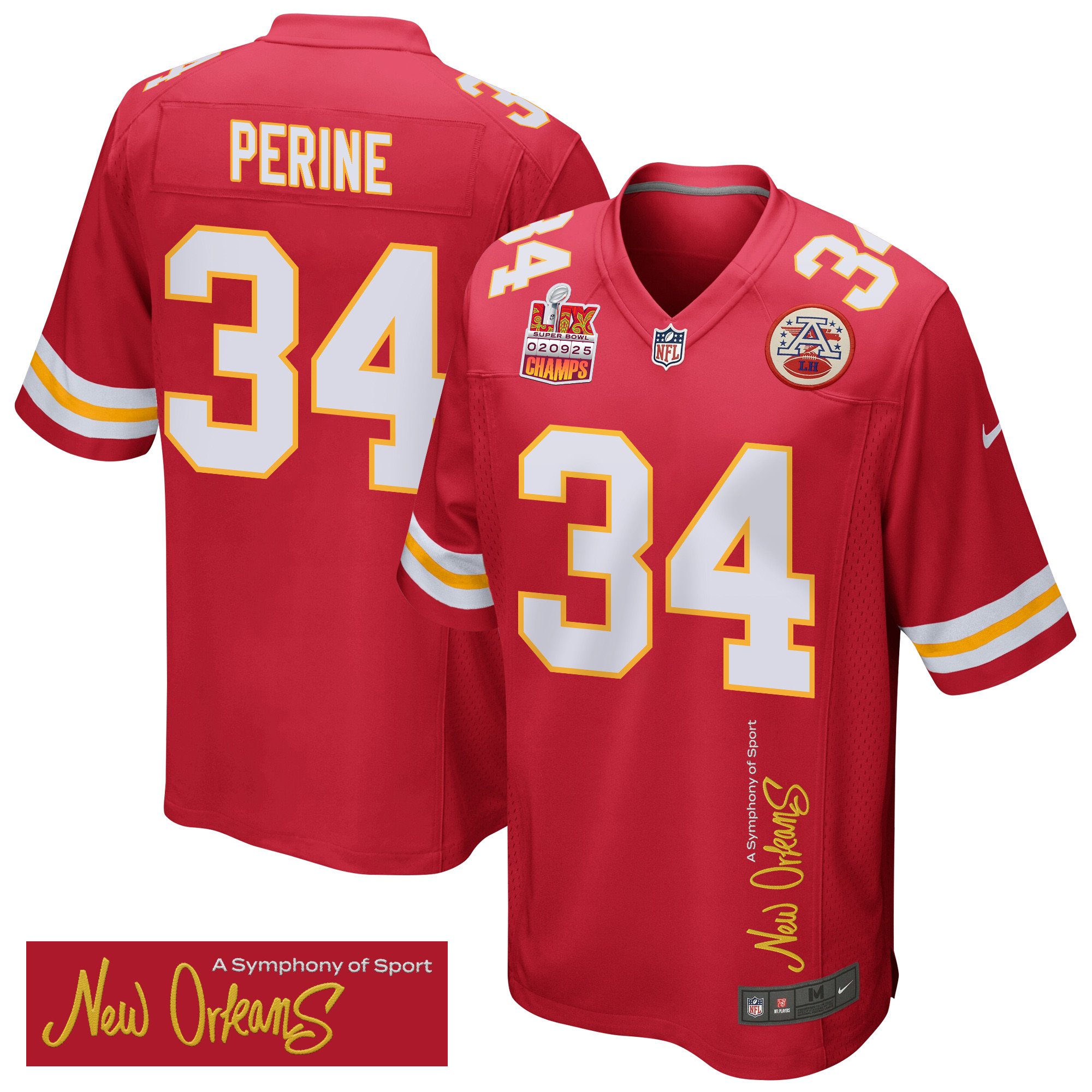 Samaje Perine 34 Kansas City Chiefs Super Bowl LIX Champions Patch New Orleans A Symphony of Sport' EMBROIDERED Game Red NFL Jersey Men's