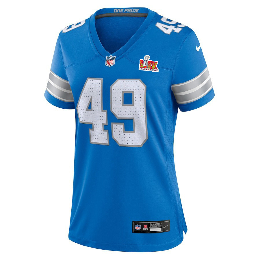 Hogan Hatten #49 Detroit Lions Super Bowl LIX Blue NFL Jersey Women's