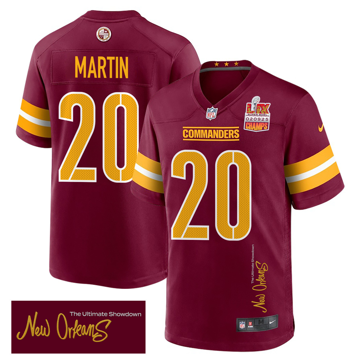 Quan Martin 20 Washington Commanders Super Bowl LIX Champions Patch New Orleans The Ultimate Showdown' EMBROIDERED Game Burgundy NFL Jersey Men's