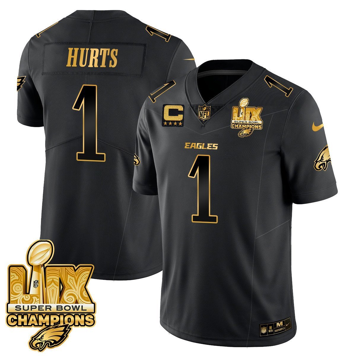 Jalen Hurts 1 Philadelphia Eagles Super Bowl LIX Champions Gold Vapor Limited Black Gold NFL Jersey Men's