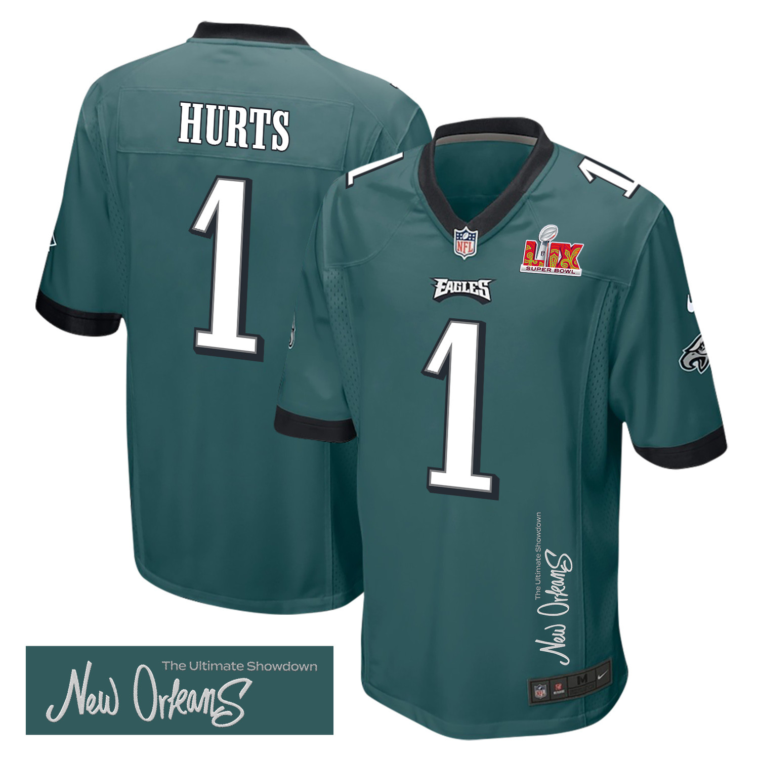 Jalen Hurts 1 Philadelphia Eagles Super Bowl LIX New Orleans The Ultimate Showdown' EMBROIDERED Game Midnight Green NFL Jersey Men's