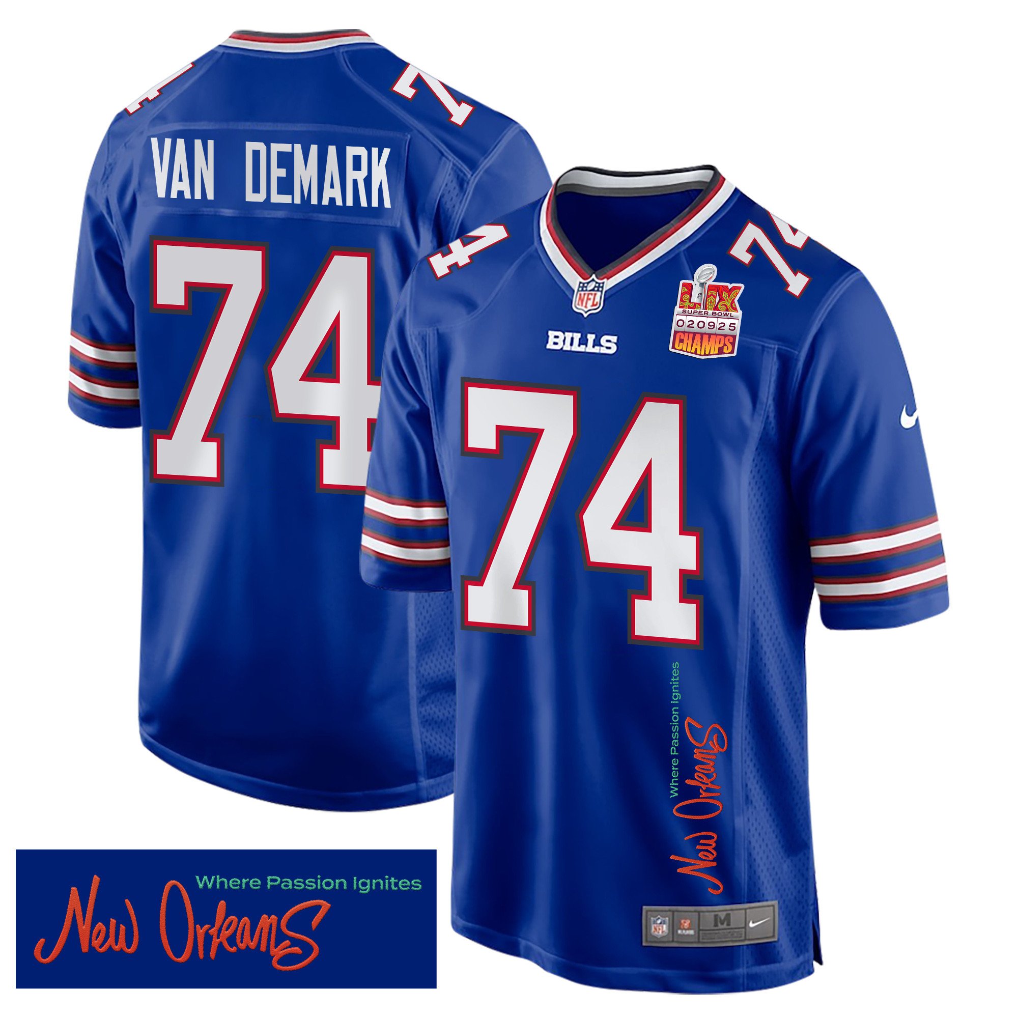 Ryan Van Demark 74 Buffalo Bills Super Bowl LIX Champions Patch New Orleans Where Passion Ignites' EMBROIDERED Game Royal NFL Jersey Men's