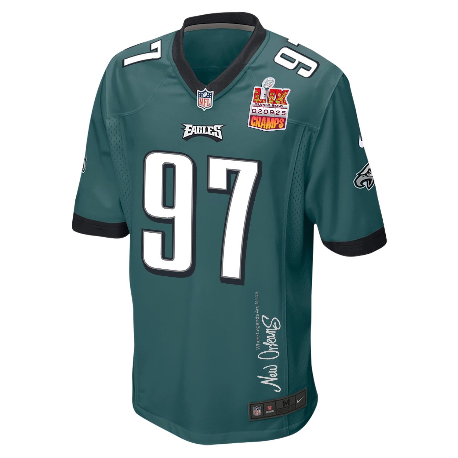 Moro Ojomo 97 Philadelphia Eagles Super Bowl LIX Champions Patch New Orleans Where Legends Are Made' EMBROIDERED Game Midnight Green NFL Jersey Men's